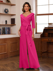 Ruched Chiffon V Neck 3 4 Sleeves Mother Of The Jumpsuit