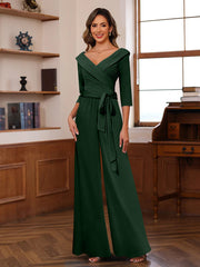 Ruched Chiffon V Neck 3 4 Sleeves Mother Of The Jumpsuit
