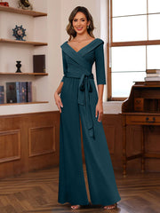 Ruched Chiffon V Neck 3 4 Sleeves Mother Of The Jumpsuit
