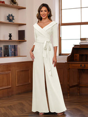 Ruched Chiffon V Neck 3 4 Sleeves Mother Of The Jumpsuit