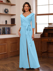 Ruched Chiffon V Neck 3 4 Sleeves Mother Of The Jumpsuit