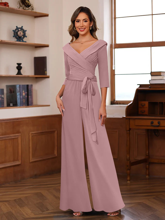 Ruched Chiffon V Neck 3 4 Sleeves Mother Of The Jumpsuit