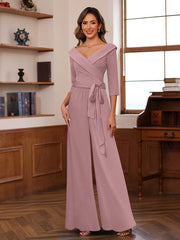 Ruched Chiffon V Neck 3 4 Sleeves Mother Of The Jumpsuit