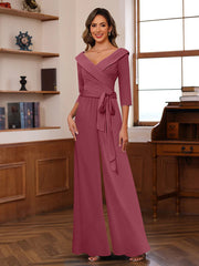 Ruched Chiffon V Neck 3 4 Sleeves Mother Of The Jumpsuit