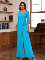Ruched Chiffon V Neck 3 4 Sleeves Mother Of The Jumpsuit