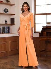Ruched Chiffon V Neck 3 4 Sleeves Mother Of The Jumpsuit