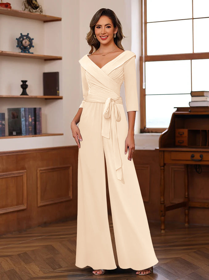 Ruched Chiffon V Neck 3 4 Sleeves Mother Of The Jumpsuit