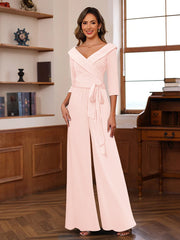 Ruched Chiffon V Neck 3 4 Sleeves Mother Of The Jumpsuit