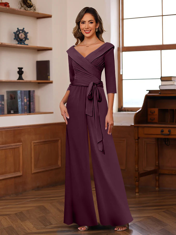 Ruched Chiffon V Neck 3 4 Sleeves Mother Of The Jumpsuit