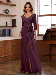 Ruched Chiffon V-Neck 3/4 Sleeves Mother of the Jumpsuit