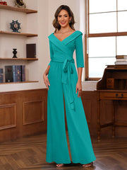 Ruched Chiffon V Neck 3 4 Sleeves Mother Of The Jumpsuit