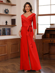 Ruched Chiffon V-Neck 3/4 Sleeves Mother of the Jumpsuit