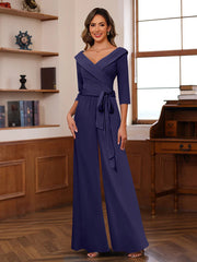 Ruched Chiffon V Neck 3 4 Sleeves Mother Of The Jumpsuit