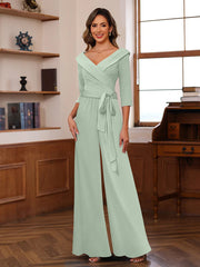 Ruched Chiffon V Neck 3 4 Sleeves Mother Of The Jumpsuit