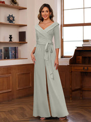 Ruched Chiffon V-Neck 3/4 Sleeves Mother of the Jumpsuit