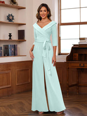 Ruched Chiffon V Neck 3 4 Sleeves Mother Of The Jumpsuit