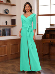 Ruched Chiffon V Neck 3 4 Sleeves Mother Of The Jumpsuit