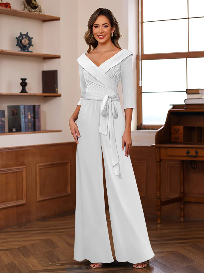 Ruched Chiffon V Neck 3 4 Sleeves Mother Of The Jumpsuit