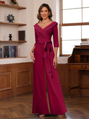 Ruched Chiffon V Neck 3 4 Sleeves Mother Of The Jumpsuit