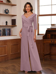 Ruched Chiffon V-Neck 3/4 Sleeves Mother of the Jumpsuit
