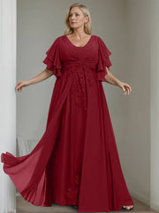 A Line Princess V Neck Half Sleeves Floor Length Unique Plus Size Mother Of The Bride Dresses With Sequins Ruffles