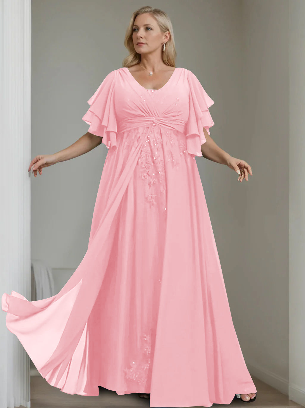 A Line Princess V Neck Half Sleeves Floor Length Unique Plus Size Mother Of The Bride Dresses With Sequins Ruffles