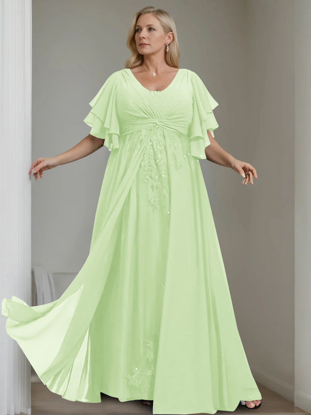 A Line Princess V Neck Half Sleeves Floor Length Unique Plus Size Mother Of The Bride Dresses With Sequins Ruffles