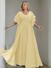 A Line Princess V Neck Half Sleeves Floor Length Unique Plus Size Mother Of The Bride Dresses With Sequins Ruffles