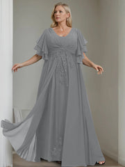 A Line Princess V Neck Half Sleeves Floor Length Unique Plus Size Mother Of The Bride Dresses With Sequins Ruffles