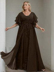 A Line Princess V Neck Half Sleeves Floor Length Unique Plus Size Mother Of The Bride Dresses With Sequins Ruffles
