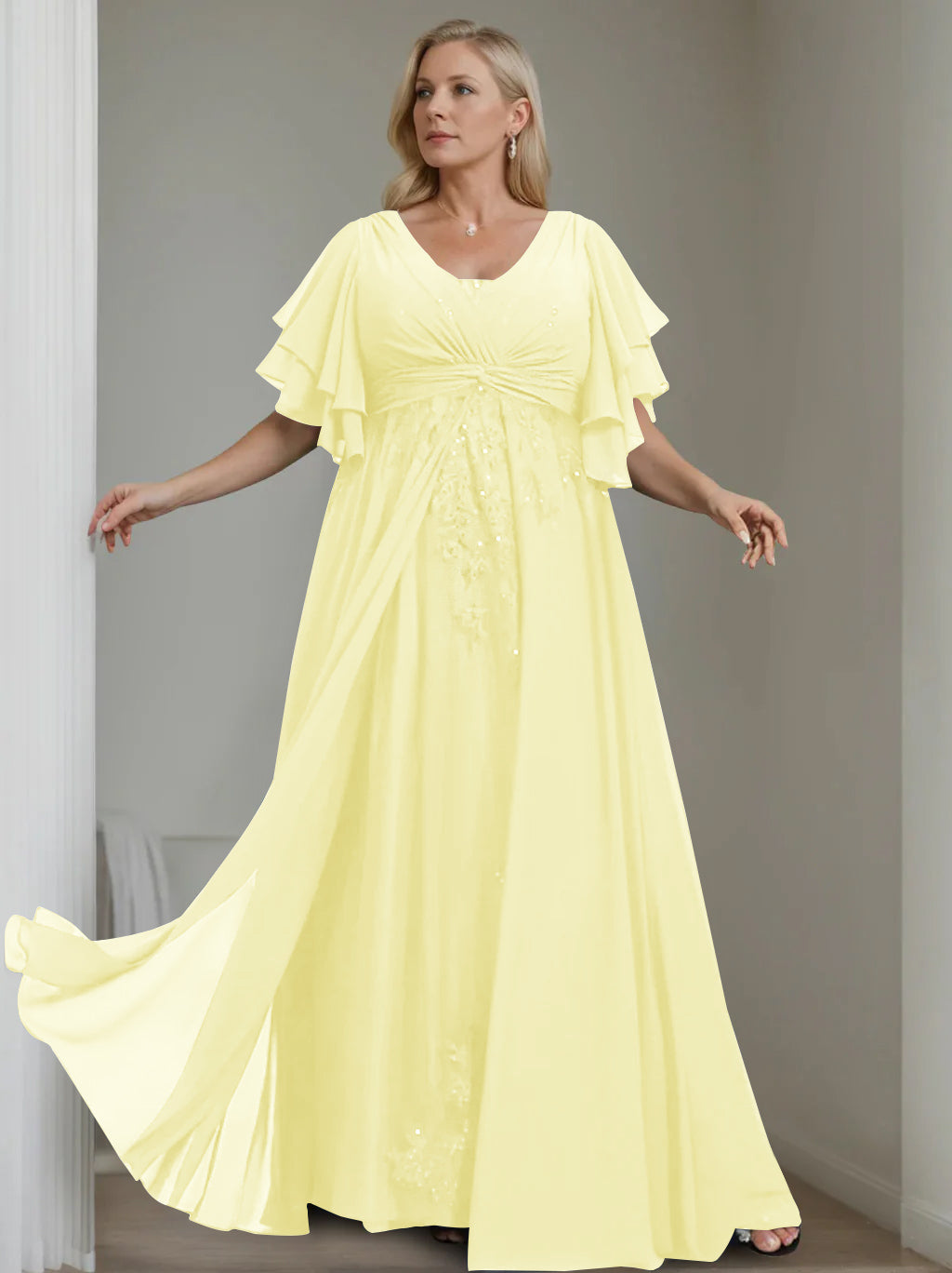 A Line Princess V Neck Half Sleeves Floor Length Unique Plus Size Mother Of The Bride Dresses With Sequins Ruffles