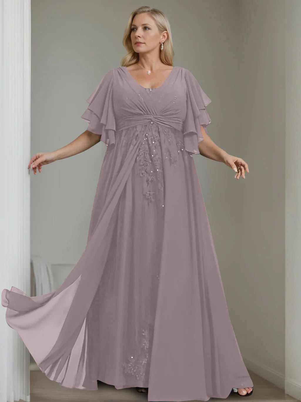 A Line Princess V Neck Half Sleeves Floor Length Unique Plus Size Mother Of The Bride Dresses With Sequins Ruffles
