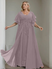 A Line Princess V Neck Half Sleeves Floor Length Unique Plus Size Mother Of The Bride Dresses With Sequins Ruffles