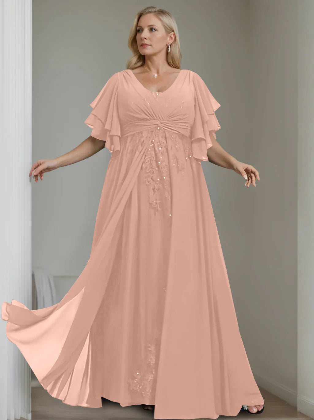 A Line Princess V Neck Half Sleeves Floor Length Unique Plus Size Mother Of The Bride Dresses With Sequins Ruffles