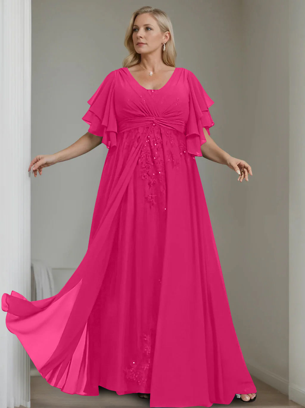 A Line Princess V Neck Half Sleeves Floor Length Unique Plus Size Mother Of The Bride Dresses With Sequins Ruffles