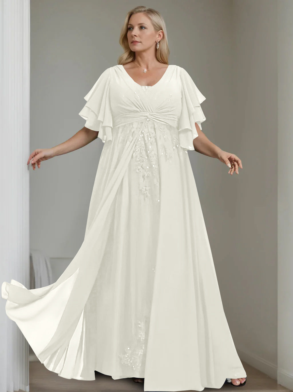 A Line Princess V Neck Half Sleeves Floor Length Unique Plus Size Mother Of The Bride Dresses With Sequins Ruffles