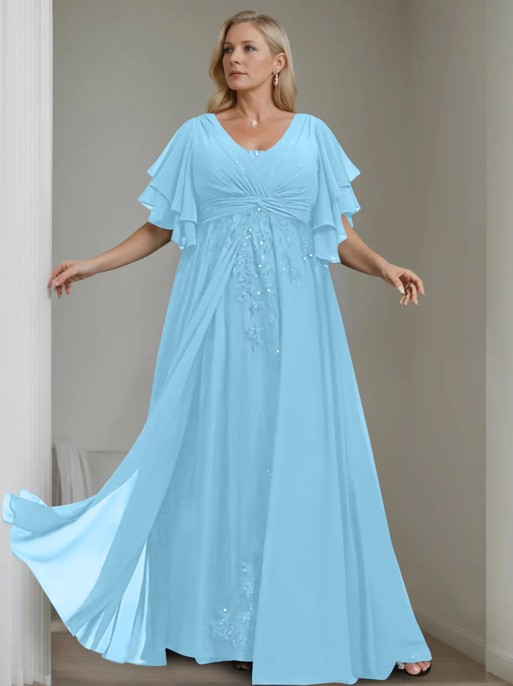A Line Princess V Neck Half Sleeves Floor Length Unique Plus Size Mother Of The Bride Dresses With Sequins Ruffles
