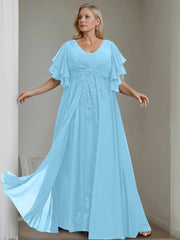 A Line Princess V Neck Half Sleeves Floor Length Unique Plus Size Mother Of The Bride Dresses With Sequins Ruffles
