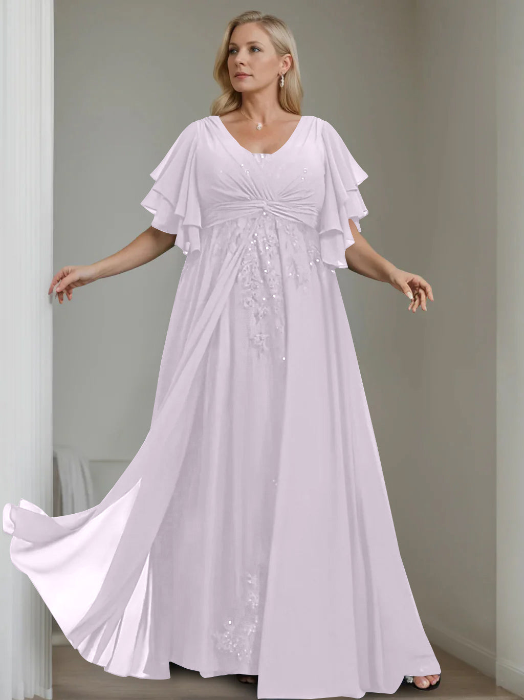 A Line Princess V Neck Half Sleeves Floor Length Unique Plus Size Mother Of The Bride Dresses With Sequins Ruffles