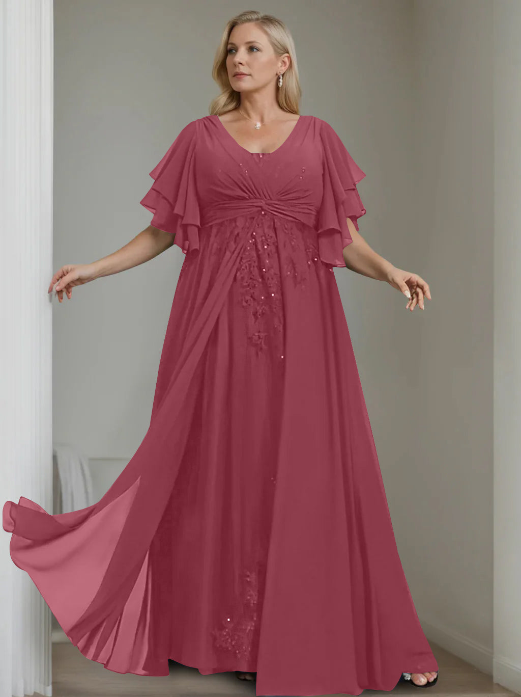 A Line Princess V Neck Half Sleeves Floor Length Unique Plus Size Mother Of The Bride Dresses With Sequins Ruffles