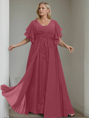A Line Princess V Neck Half Sleeves Floor Length Unique Plus Size Mother Of The Bride Dresses With Sequins Ruffles