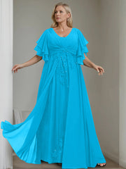A Line Princess V Neck Half Sleeves Floor Length Unique Plus Size Mother Of The Bride Dresses With Sequins Ruffles