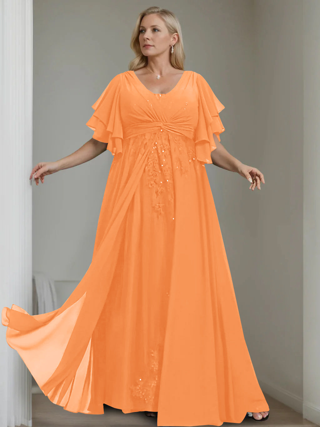 A Line Princess V Neck Half Sleeves Floor Length Unique Plus Size Mother Of The Bride Dresses With Sequins Ruffles