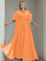 A Line Princess V Neck Half Sleeves Floor Length Unique Plus Size Mother Of The Bride Dresses With Sequins Ruffles