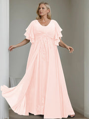A Line Princess V Neck Half Sleeves Floor Length Unique Plus Size Mother Of The Bride Dresses With Sequins Ruffles