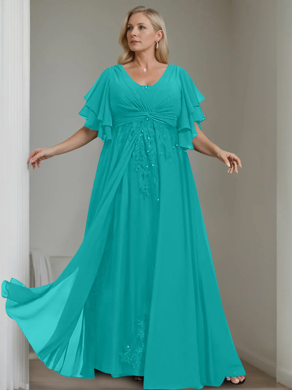 A Line Princess V Neck Half Sleeves Floor Length Unique Plus Size Mother Of The Bride Dresses With Sequins Ruffles