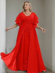 A Line Princess V Neck Half Sleeves Floor Length Unique Plus Size Mother Of The Bride Dresses With Sequins Ruffles