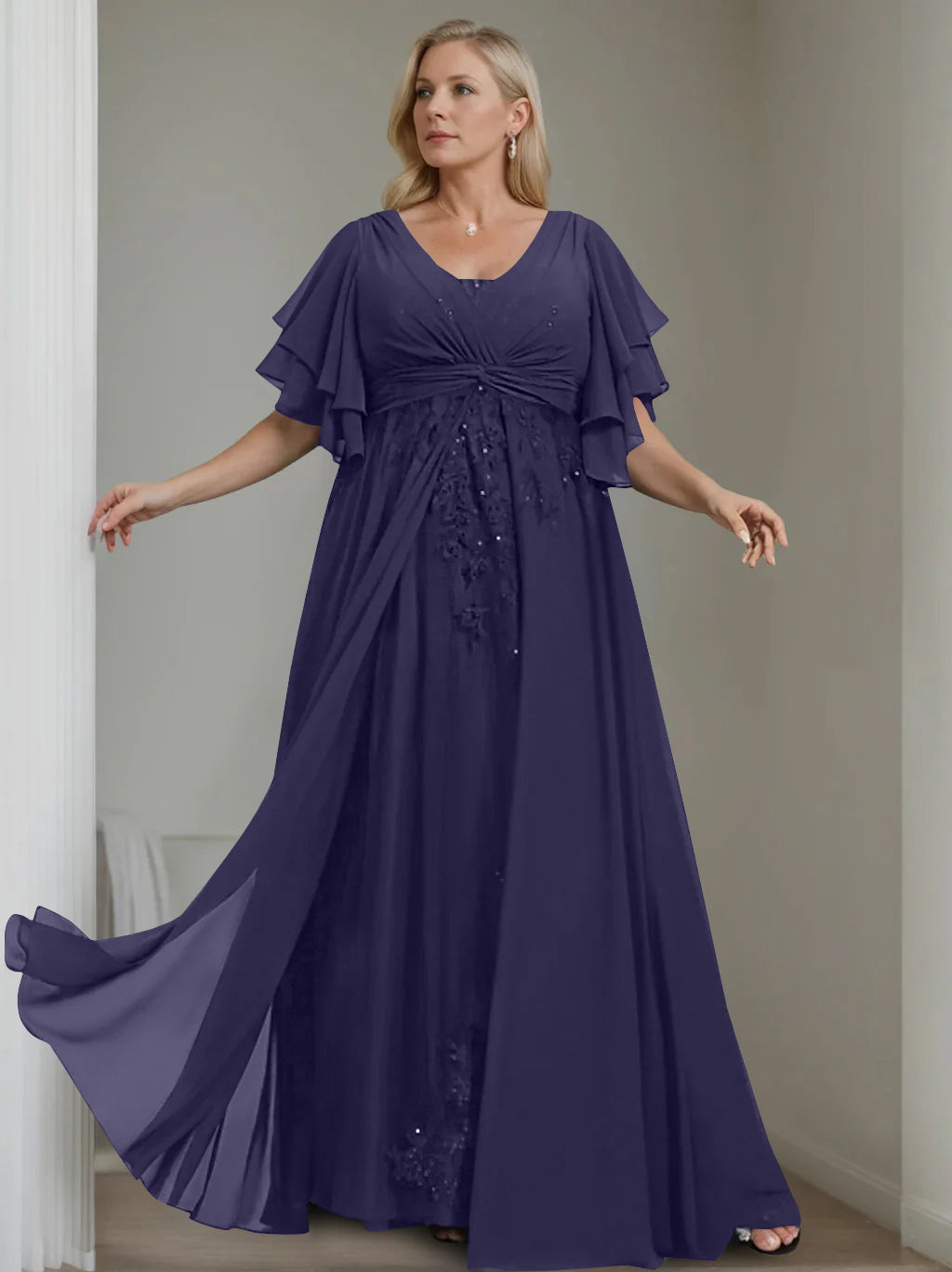 A Line Princess V Neck Half Sleeves Floor Length Unique Plus Size Mother Of The Bride Dresses With Sequins Ruffles