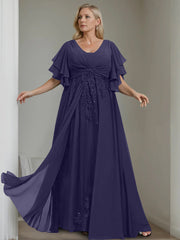 A Line Princess V Neck Half Sleeves Floor Length Unique Plus Size Mother Of The Bride Dresses With Sequins Ruffles