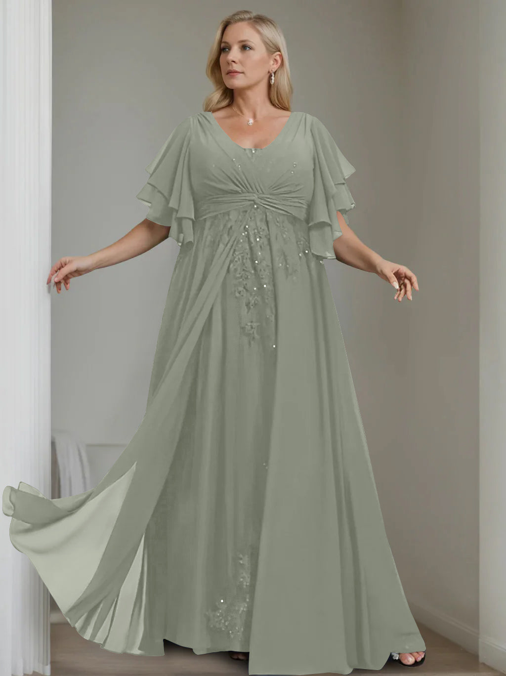 A Line Princess V Neck Half Sleeves Floor Length Unique Plus Size Mother Of The Bride Dresses With Sequins Ruffles
